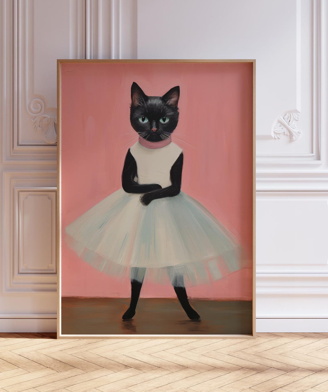 Black Cat Ballerina In White Tutu Pink Ballet Kitten Wall Art