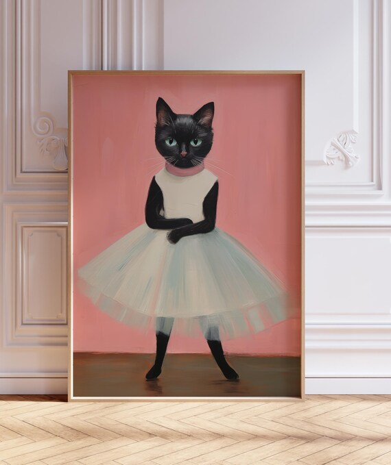 Black Cat Ballerina In White Tutu Pink Ballet Kitten Wall Art