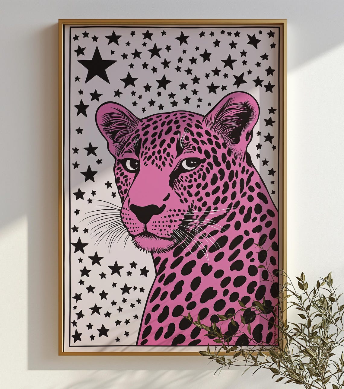 Pink Leopard Pop Art with Bold Black Starry Background Poster - Image 2