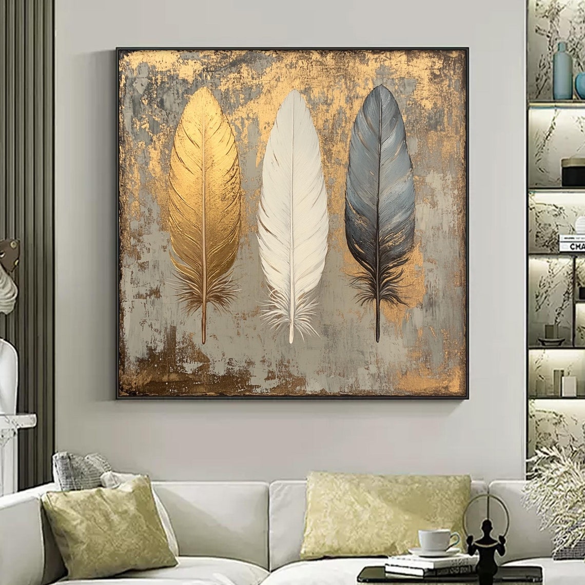 Three Gold White Gray Feathers Gold Leaf Oil Painting Poster - Image 6