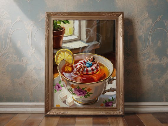 Tea Time Art Print Woman In Teacup Whimsical Kitchen Decor
