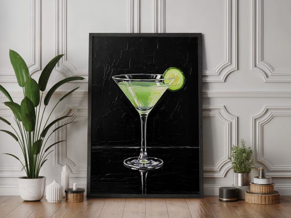 Cucumber Print Modern Bar Art Green Cocktail Impasto Painting Minimalist Kitchen Wall Decor