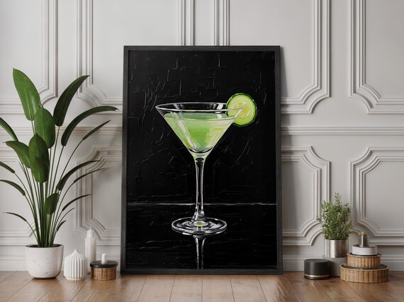 Green Cucumber Cocktail Martini Impasto Painting Modern Bar Poster
