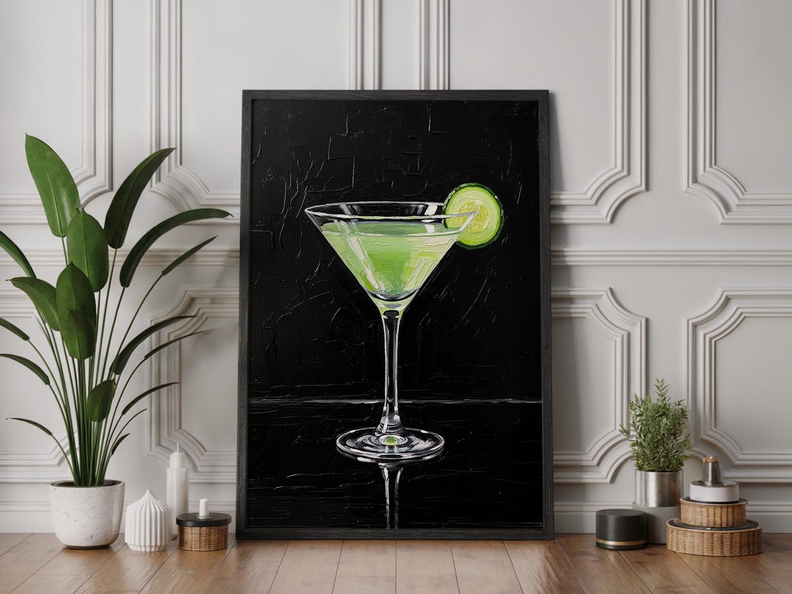 Green Cucumber Cocktail Martini Impasto Painting Modern Bar Poster