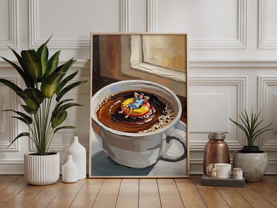 Coffee Break Relaxation Surreal Morning Brew Art Float Away Painting Unique Bar Decor