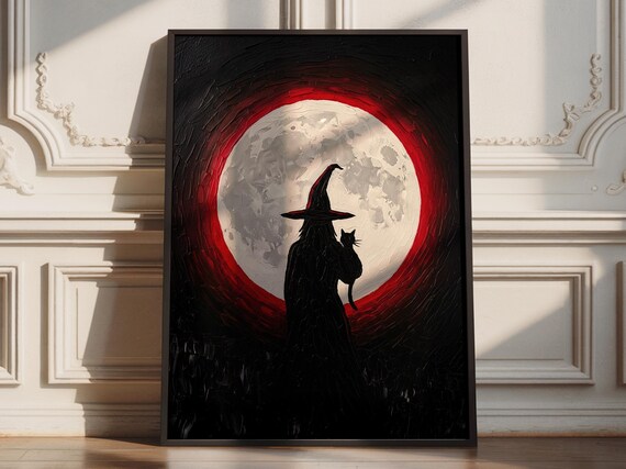 Witchy Home Decor Moody Full Moon Black Cat Dark Academia Spooky Art Print