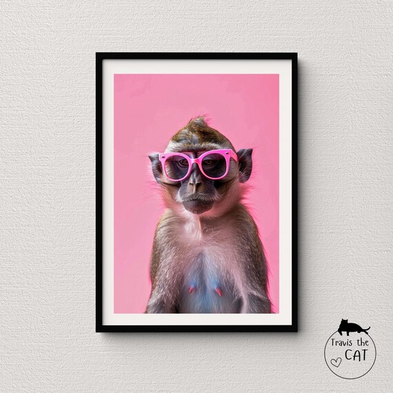 Stylish Monkey in Pink Sunglasses on Pink Pop Art Animal Poster