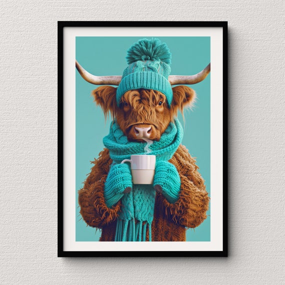 Print Highland Cow Drinking Coffee Chilling Cute Cow Wall Art For The Animal Lover Aesthetic Prints Prints Cow Prints