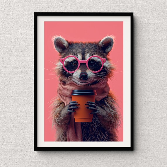 Raccoon with Pink Glasses Holding Coffee Cup Cute Cozy Animal Poster