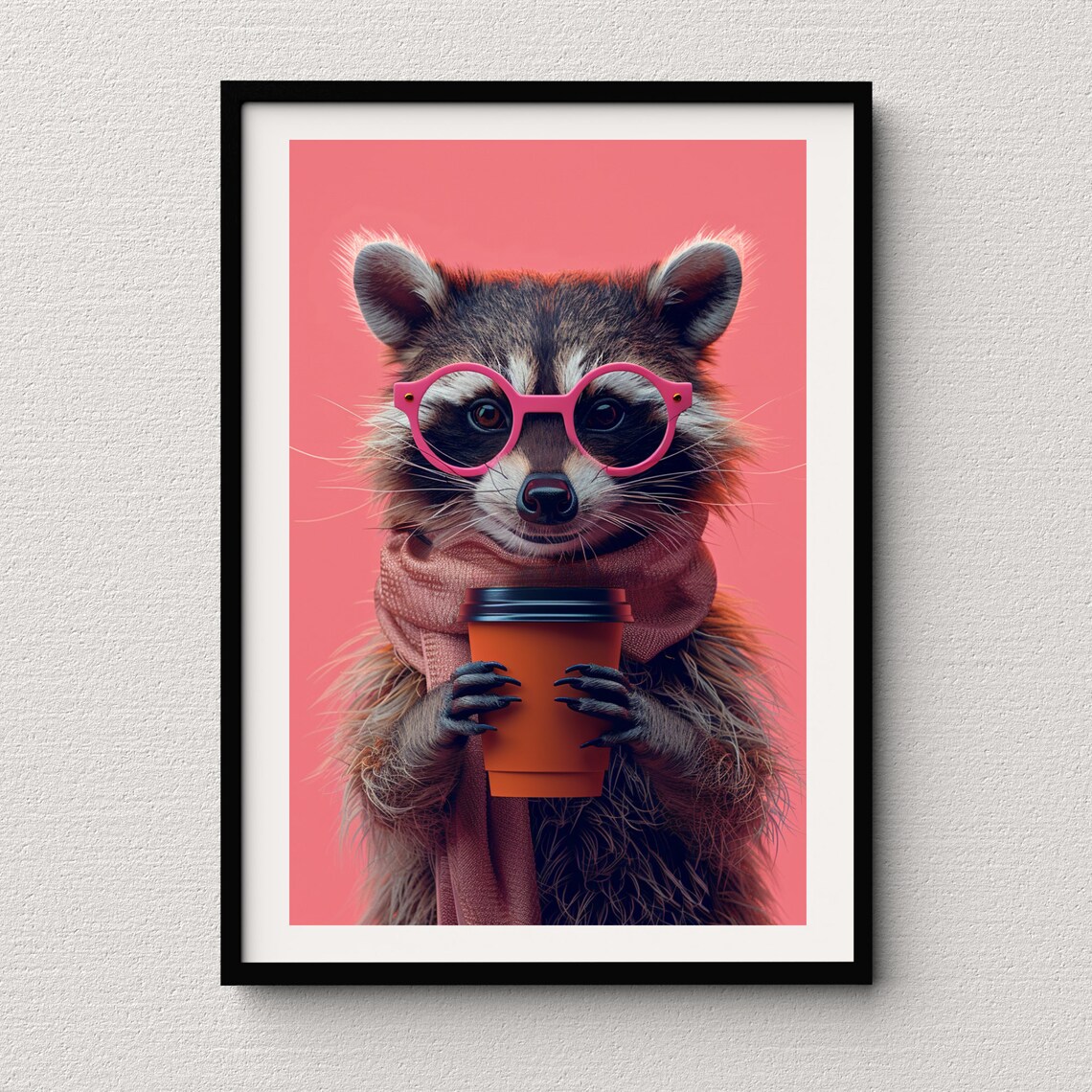 Raccoon with Pink Glasses Holding Coffee Cup Cute Cozy Animal Poster