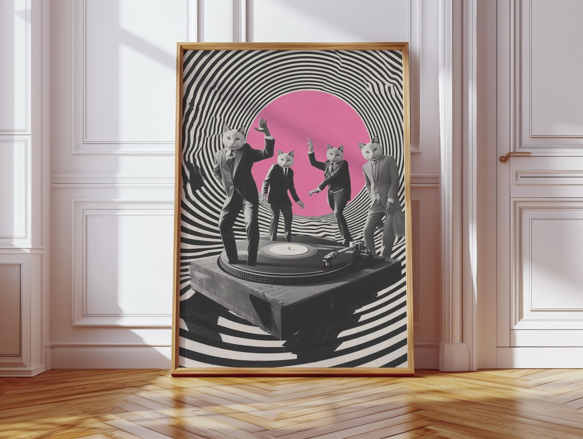 Cats Dancing on Vinyl Player, Hiroshi Nagai Inspired