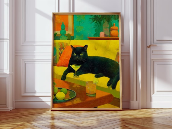 Black Cat Drinking a Cocktail, Pop Art Print
