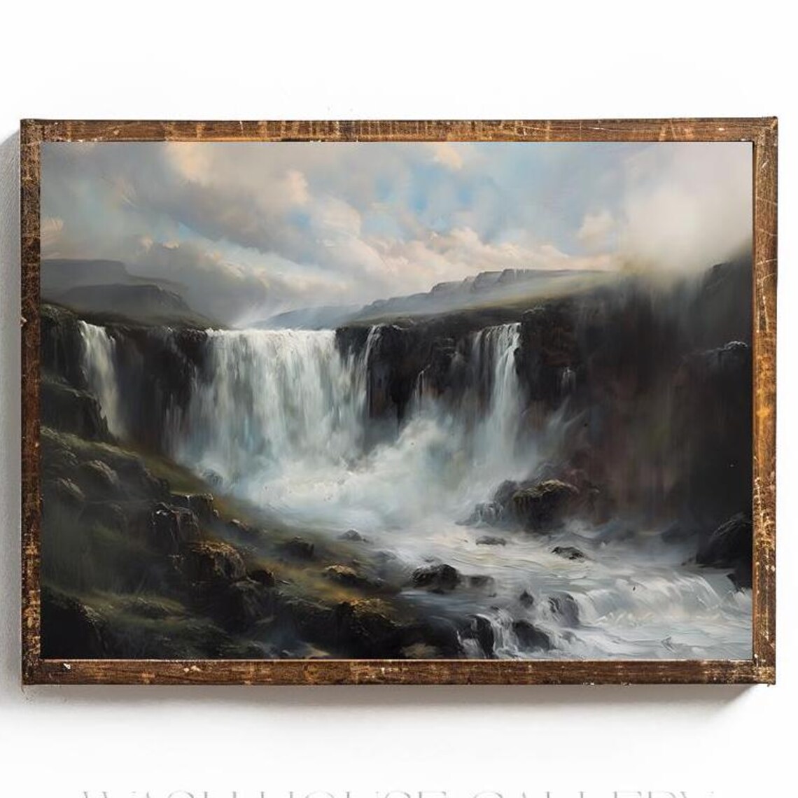 Mighty Waterfall in a Moody Rocky Highland Landscape Painting Poster