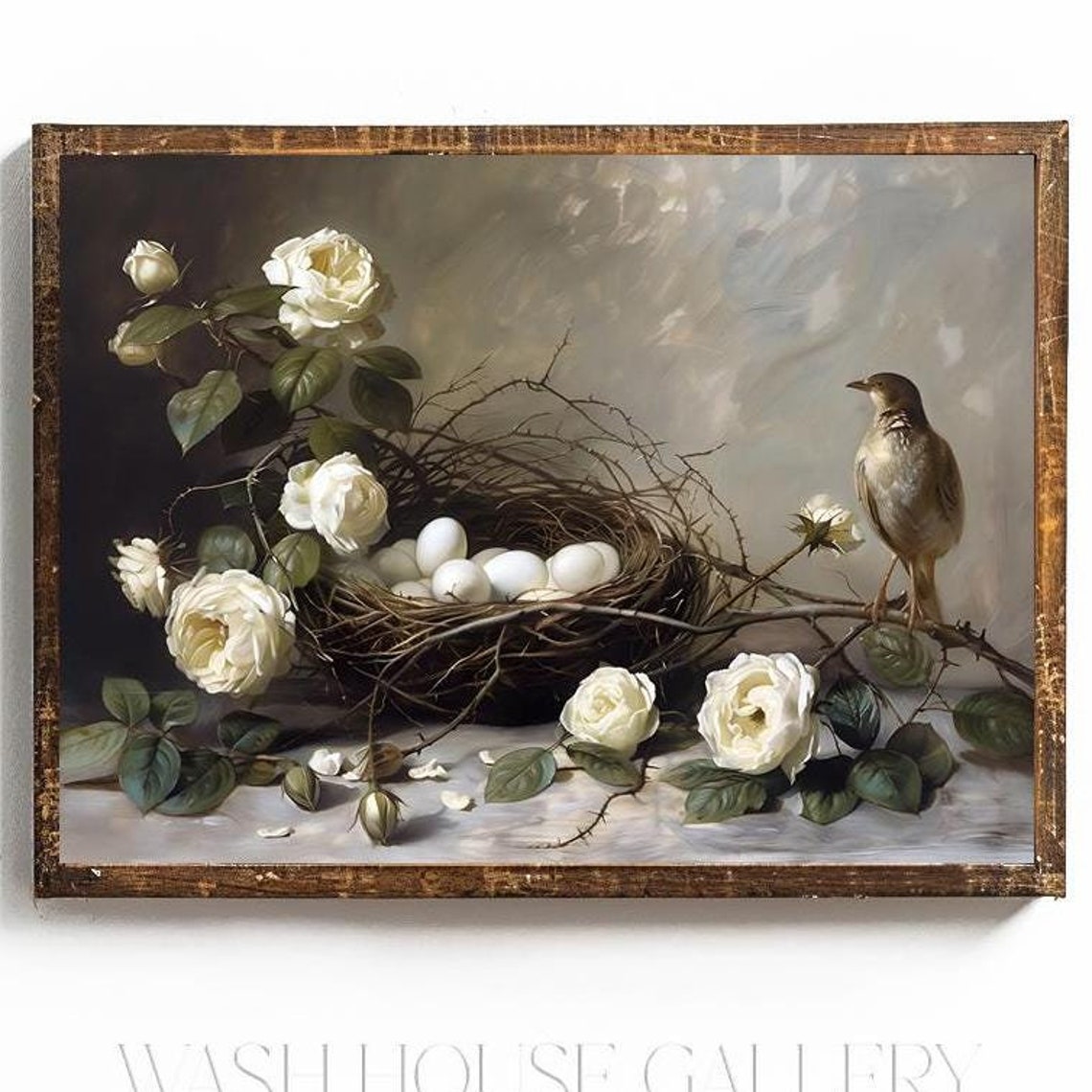 Bird Nest with White Eggs Among Ivory Roses Vintage Still Life Poster