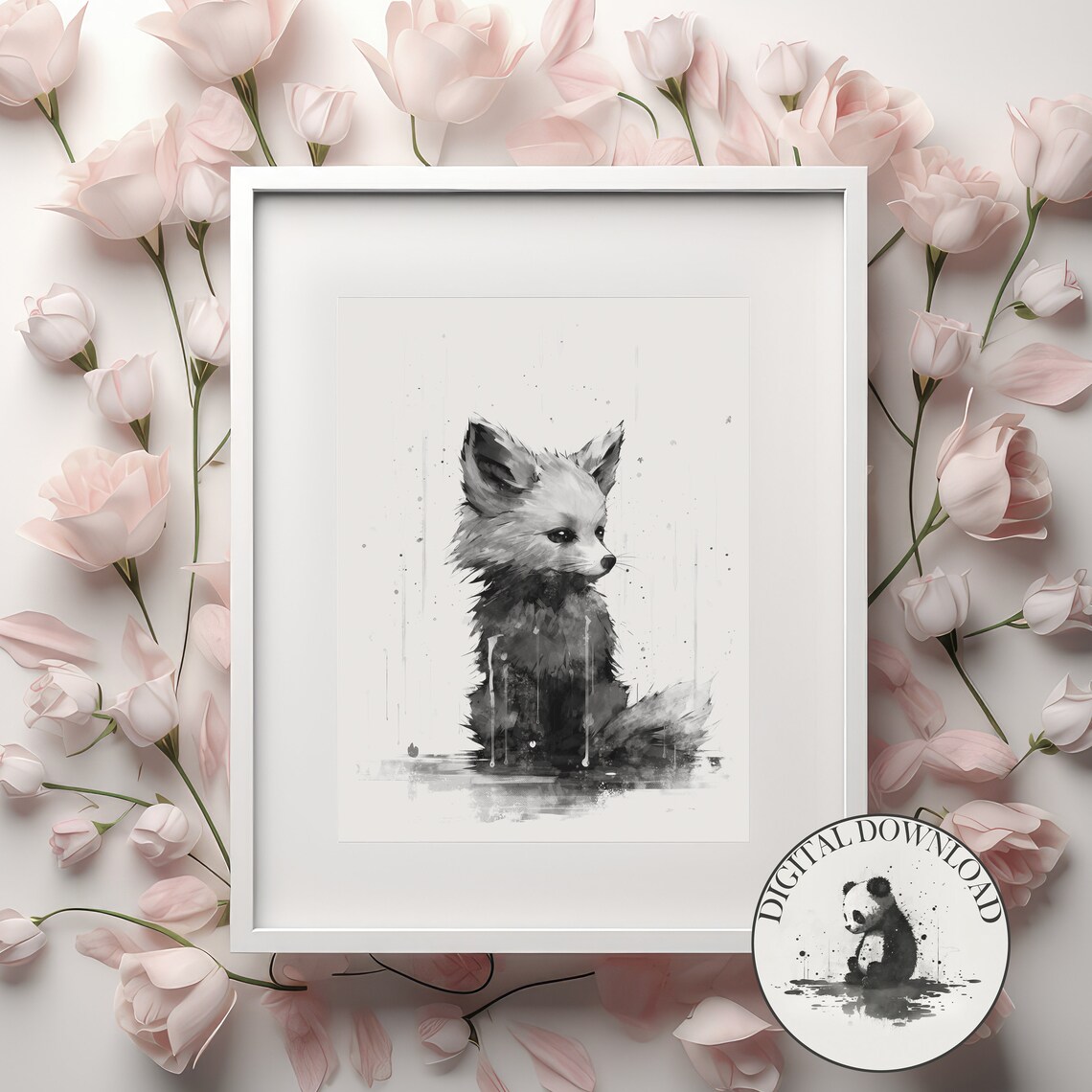 Baby Fox In The Rain Cute Illustration Infant Nursary Decor Ink Drawing Art
