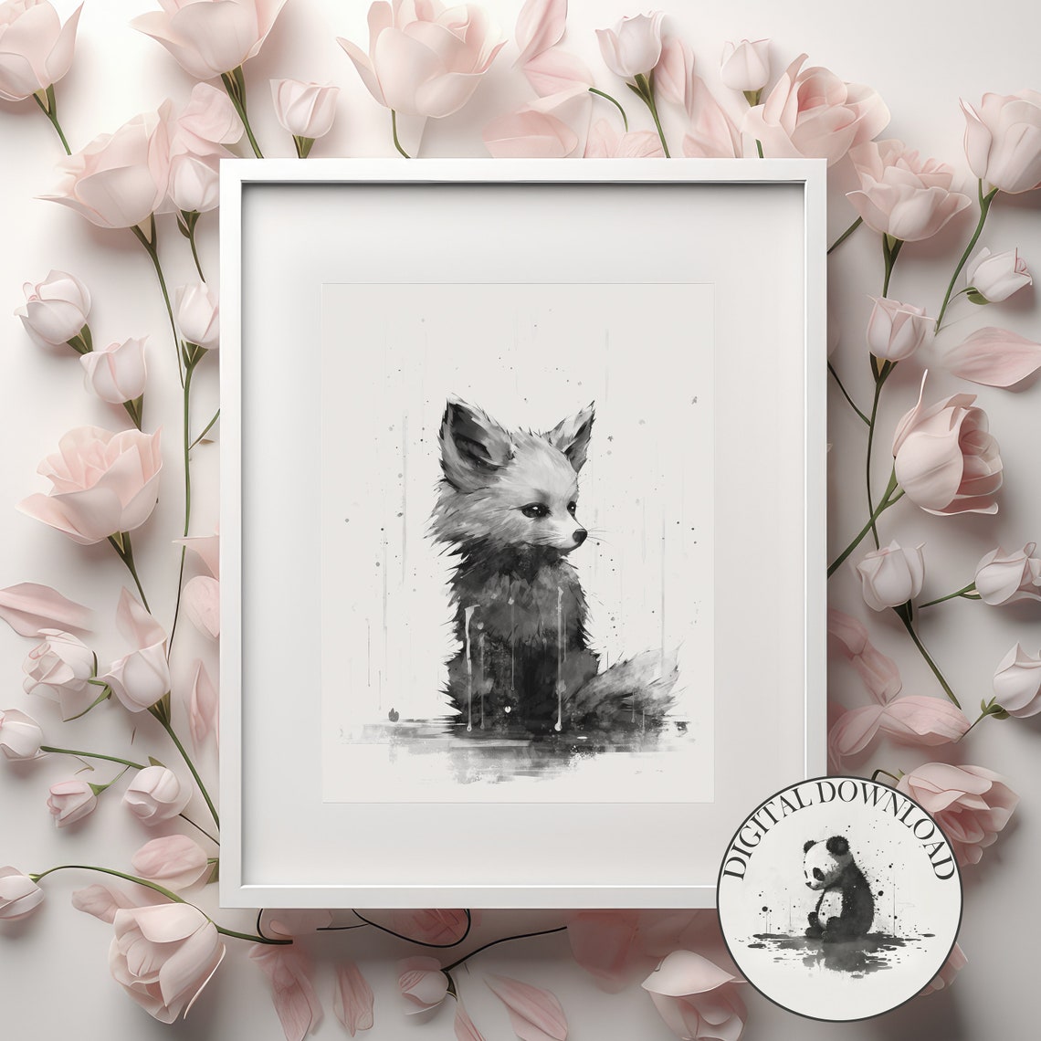 Baby Fox Sitting in the Rain Black Ink Watercolor Nursery Poster