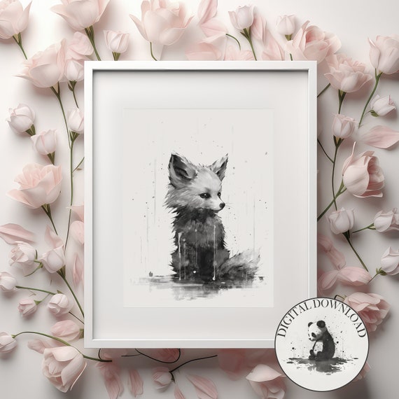 Baby Fox In The Rain Cute Illustration Infant Nursary Decor Ink Drawing Art