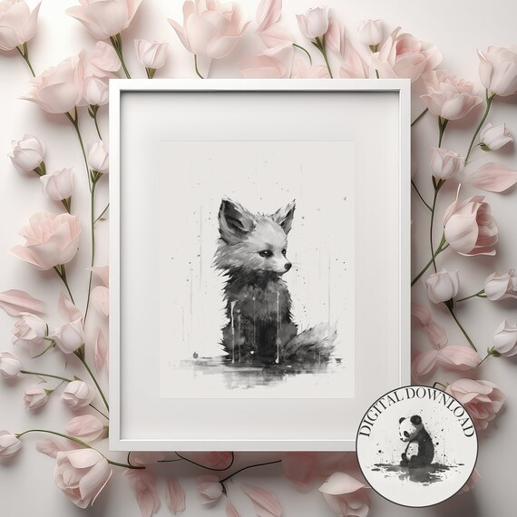 Baby Fox Sitting in the Rain Black Ink Watercolor Nursery Poster