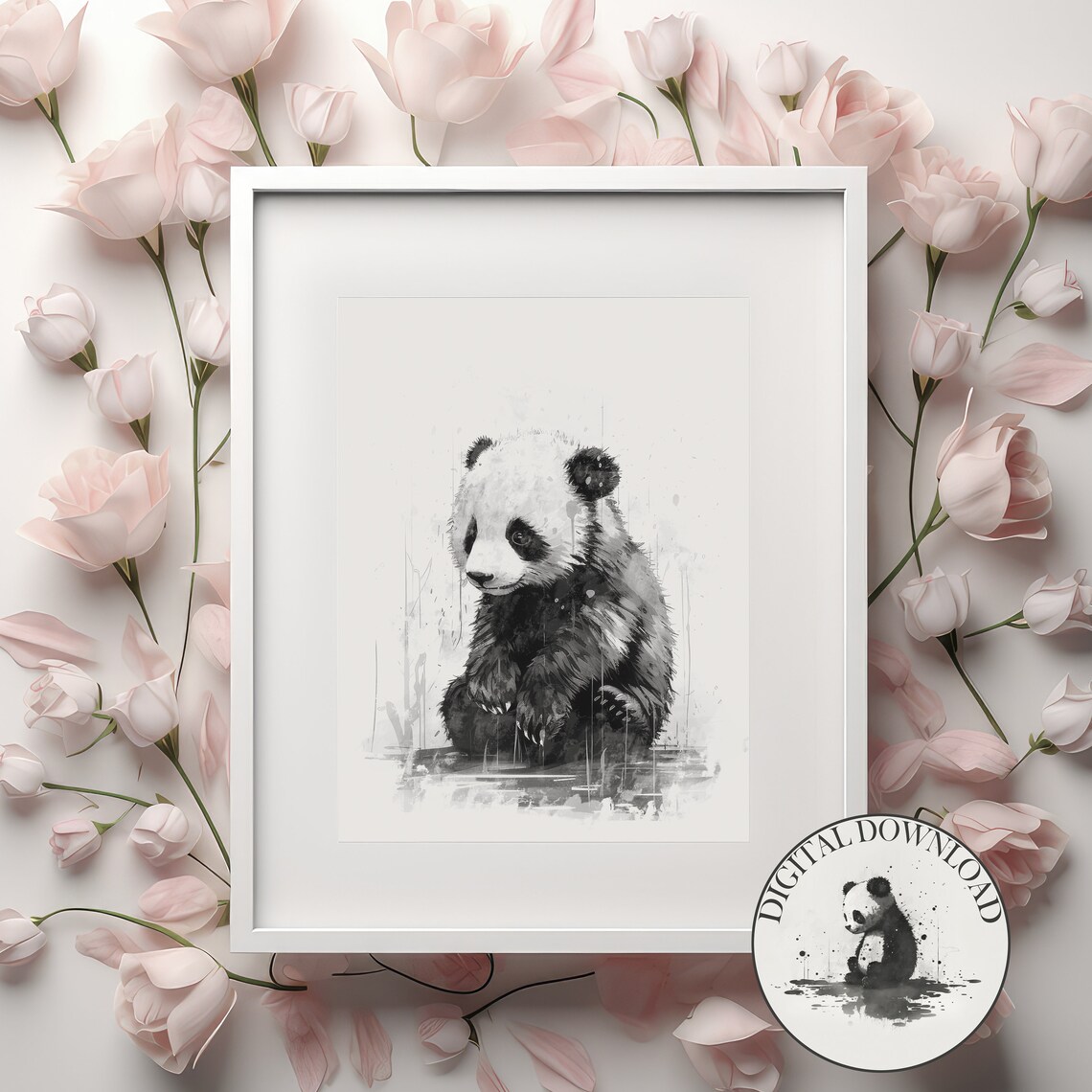 Baby Panda in the Rain Black Ink Nursery Animal Drawing Poster