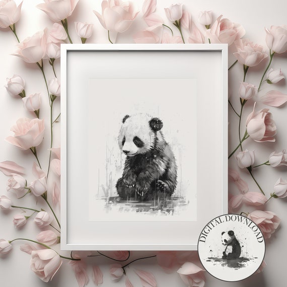 Panda In The Rain Cute Illustration Infant Nursary Decor Ink Drawing Art
