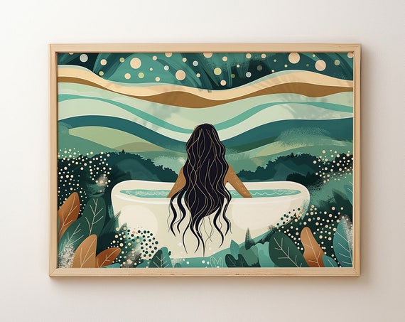 Jungle Bath Art Print Boho Woman In Bathtub