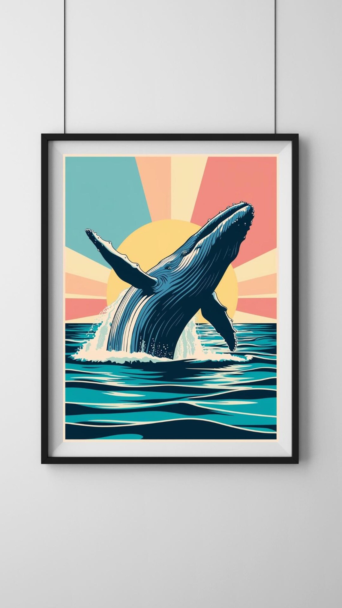 Whale Breaching In Sunset, Retro Art Print
