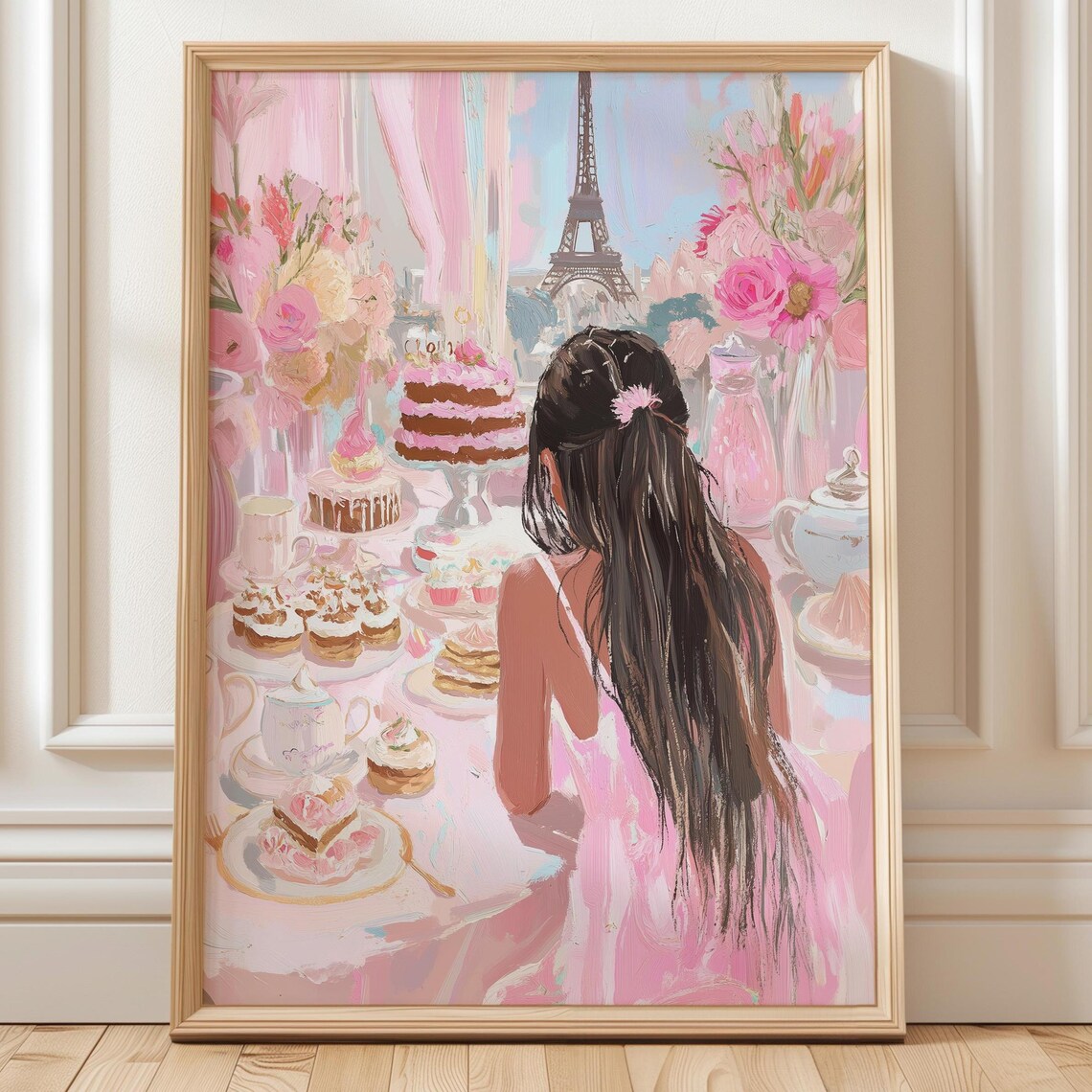 Paris Tea Party Dark Hair Girl Eiffel Tower Pink Dessert Poster