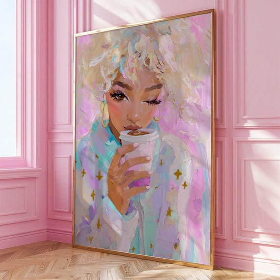 Black Girl With Coffee Wall Art Afro Blonde Fashion Coquette Cozy Cafe Poster