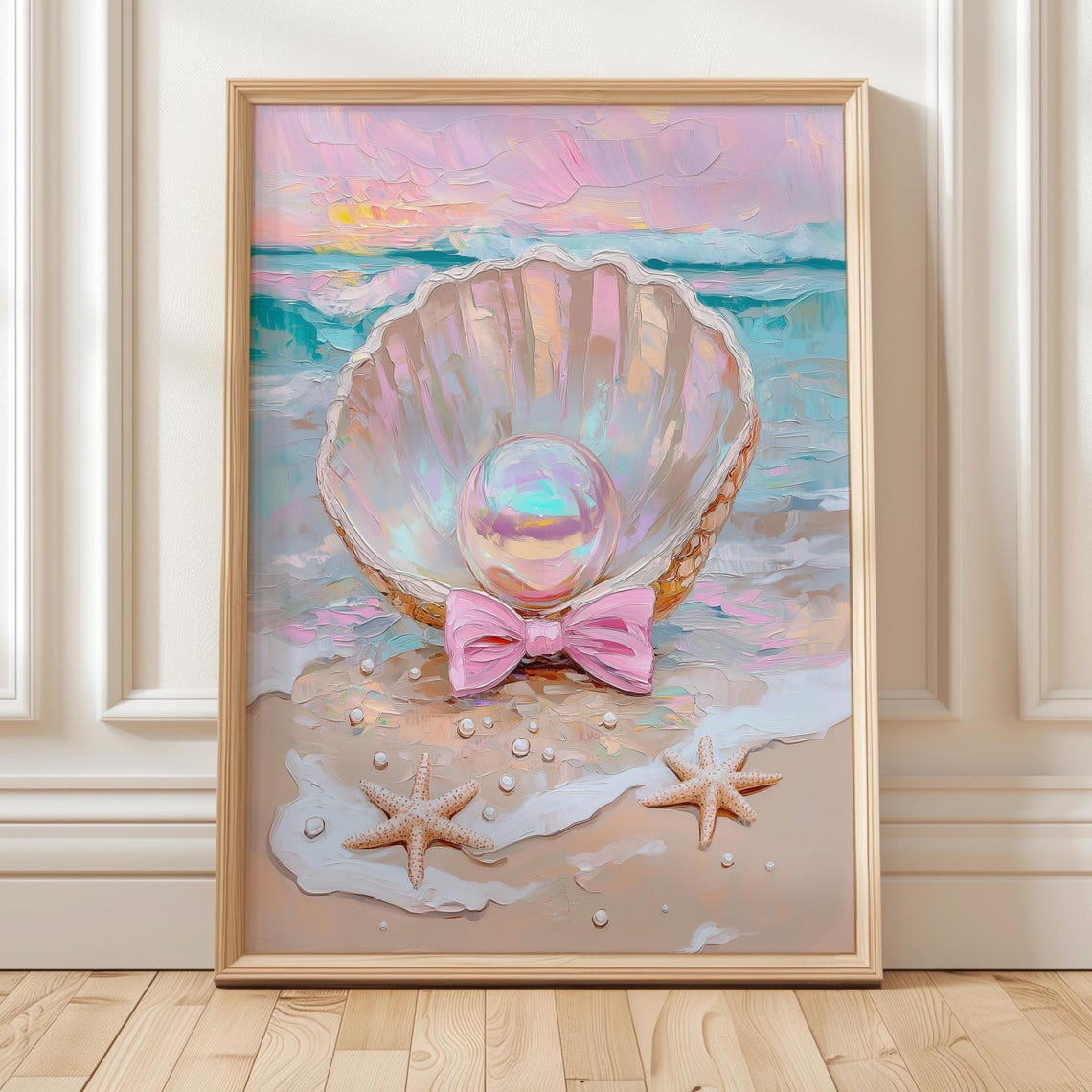 Iridescent Pearl In Seashell With Pink Bow Starfish Pastel Beach Print