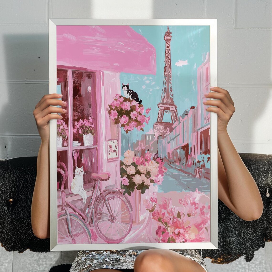 Pink Paris Street Flower Shop Bicycle Cats Eiffel Tower Poster