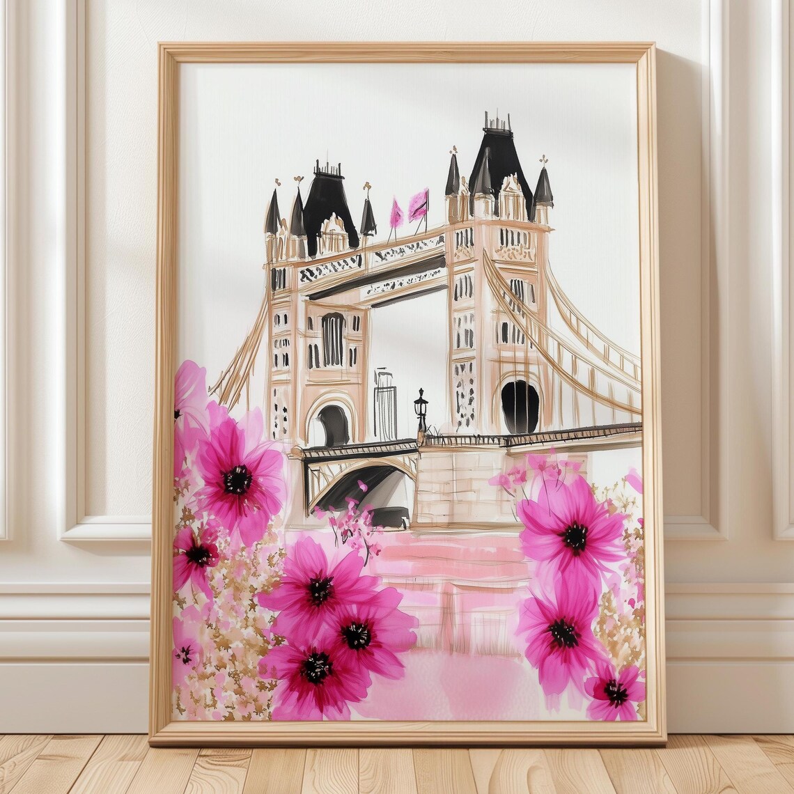 London Tower Bridge Pink Flower Travel Poster