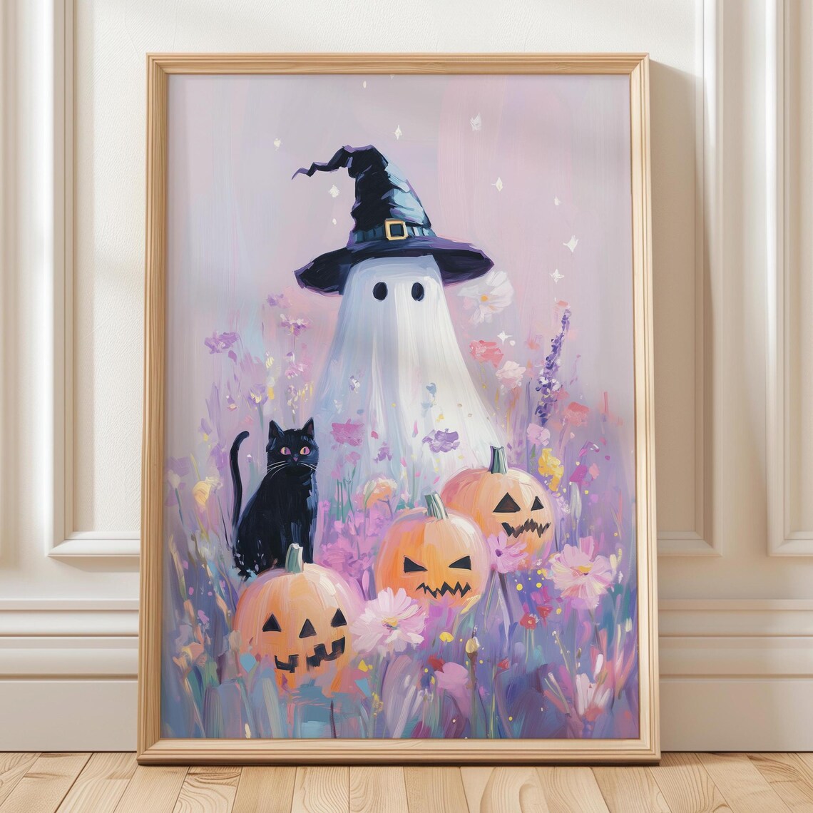 Witch With Black Cat - Pastel Halloween Poster Print