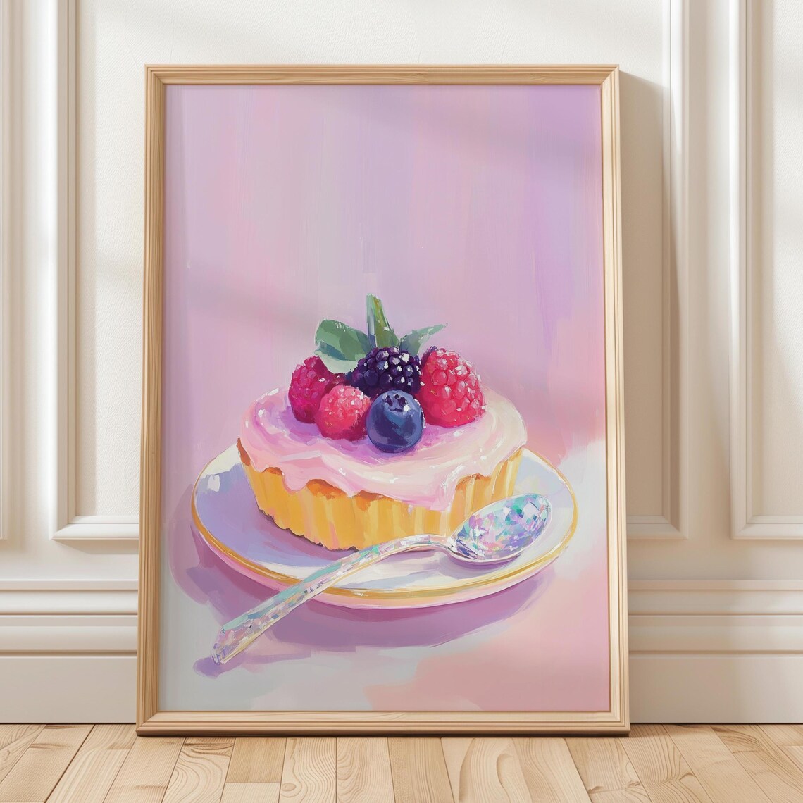 Berry Tart With Raspberries Pastel Dessert Painting Pink Kitchen Poster