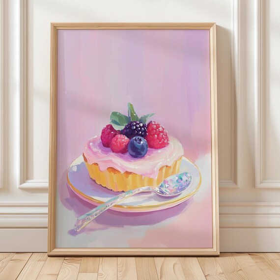 Berry Tart Wall Art Pastel Dessert Raspberry Blueberry Kitchen Decor Fruit Pastry Pink Food Print