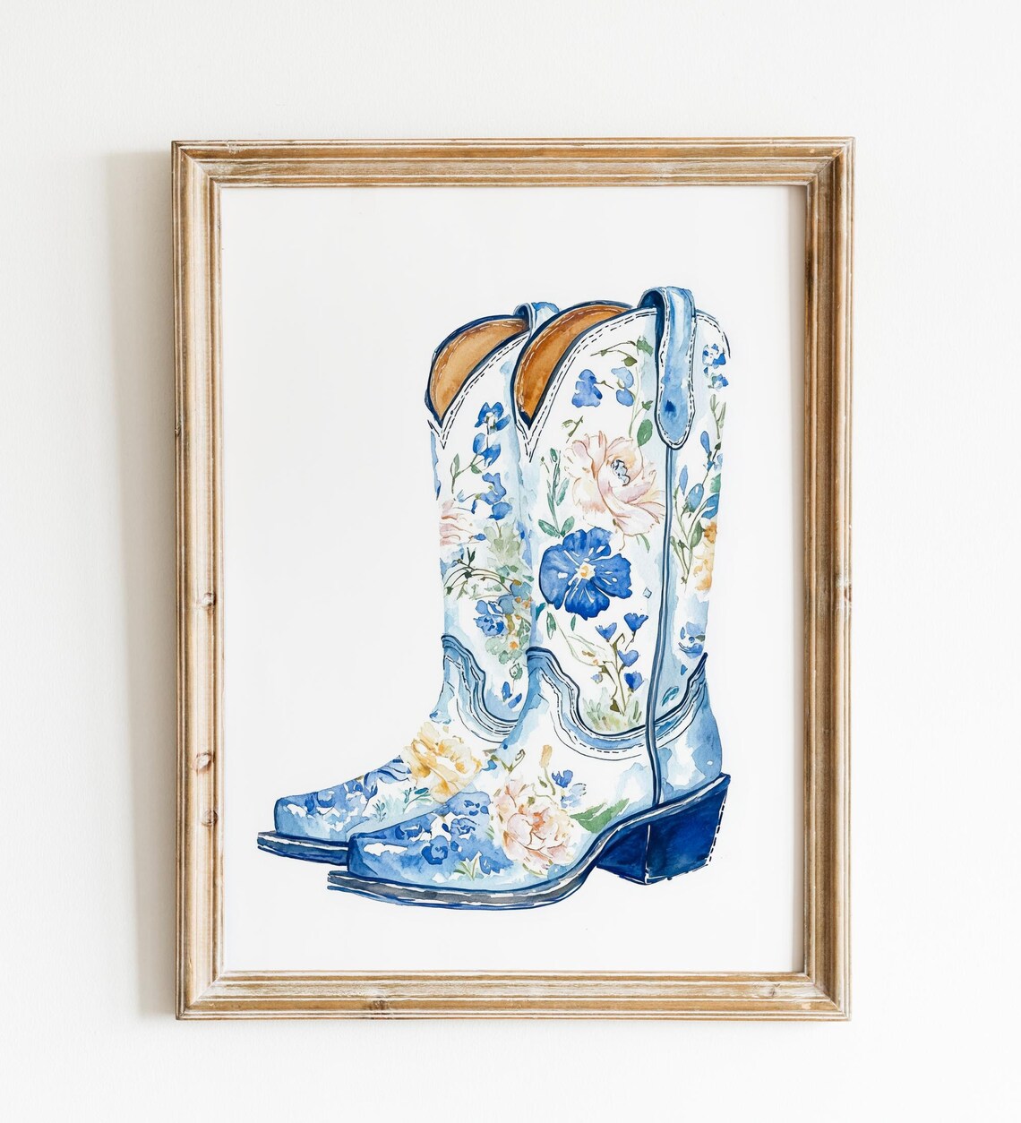 Blue Floral Watercolor Cowboy Boots Chinoiserie Style Poster - Image 2