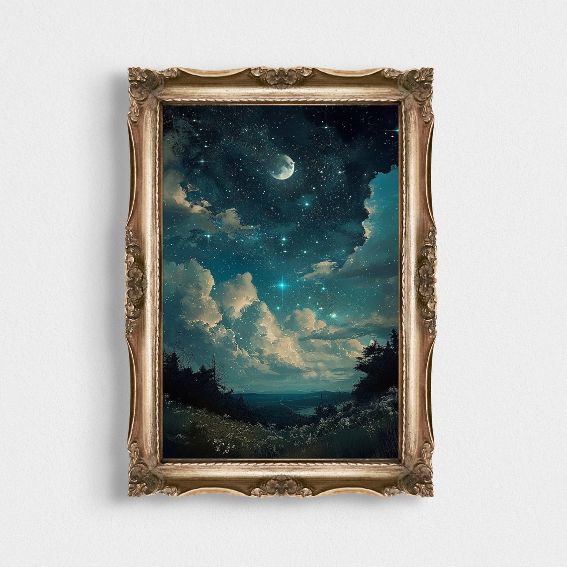 Teal Starry Night Sky Moon Over Meadow Vintage Celestial Poster