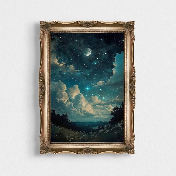 Mystical Celestial Moon Art Print Vintage Night Sky Painting Dark Academia Starry Dark Cottagecore Print Wall Decor Lunar Magic