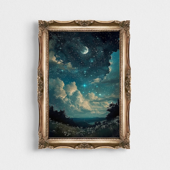 Teal Starry Night Sky Moon Over Meadow Vintage Celestial Poster