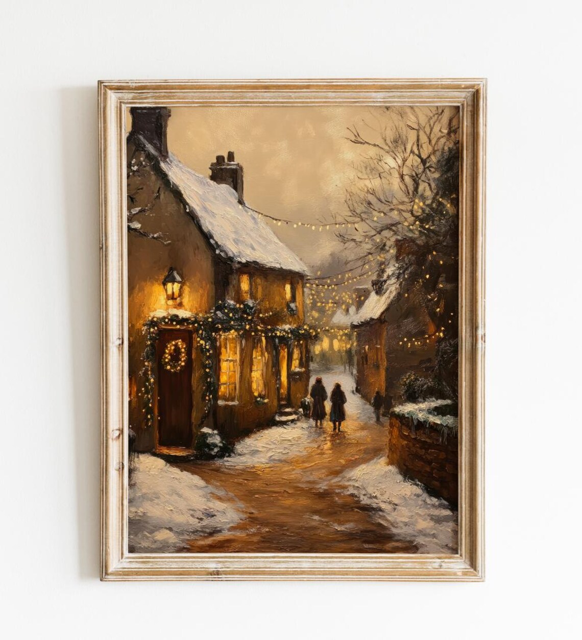 Snowy Village Street At Dusk With Glowing Warm Cottages Poster