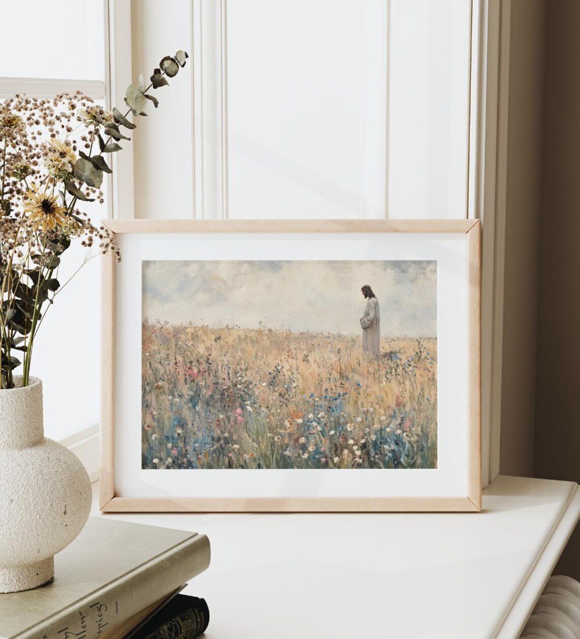 Jesus Christ Among Wildflowers, Vintage Faith Decor - Image 2