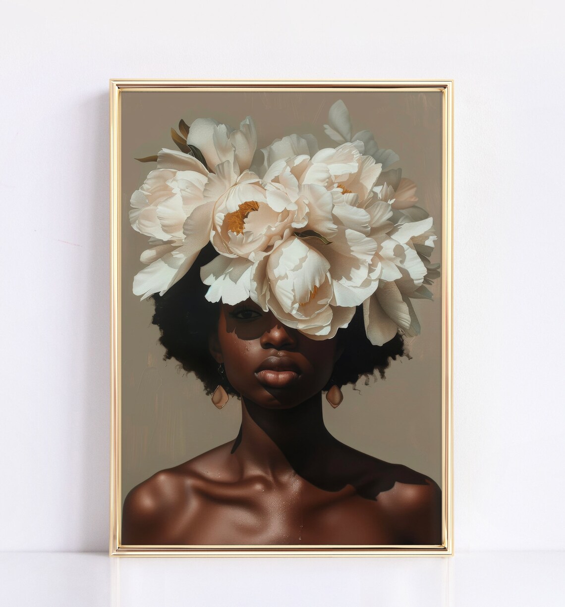 Beautiful Black Woman White Floral Crown Botanical Portrait Poster
