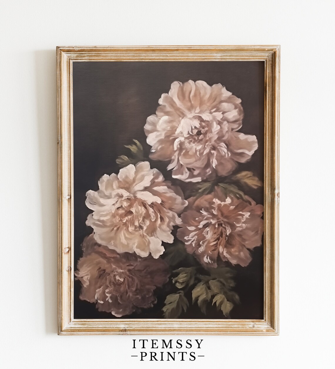 Vintage Oil Painting Beige Peonies Dark Moody Floral Art Poster