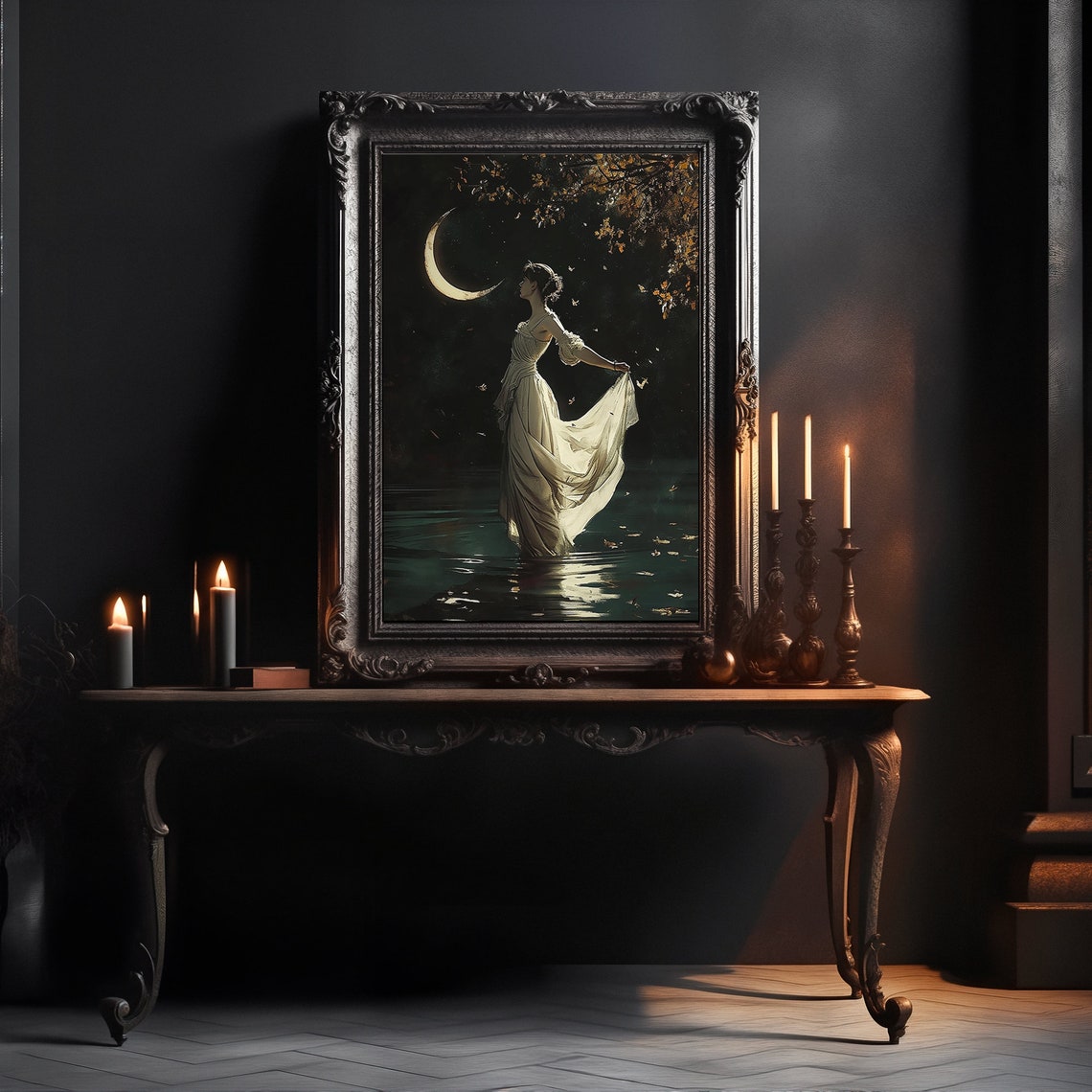 Celestial Woman Among Autumn Leaves Crescent Moon Lake Art Poster - Image 2