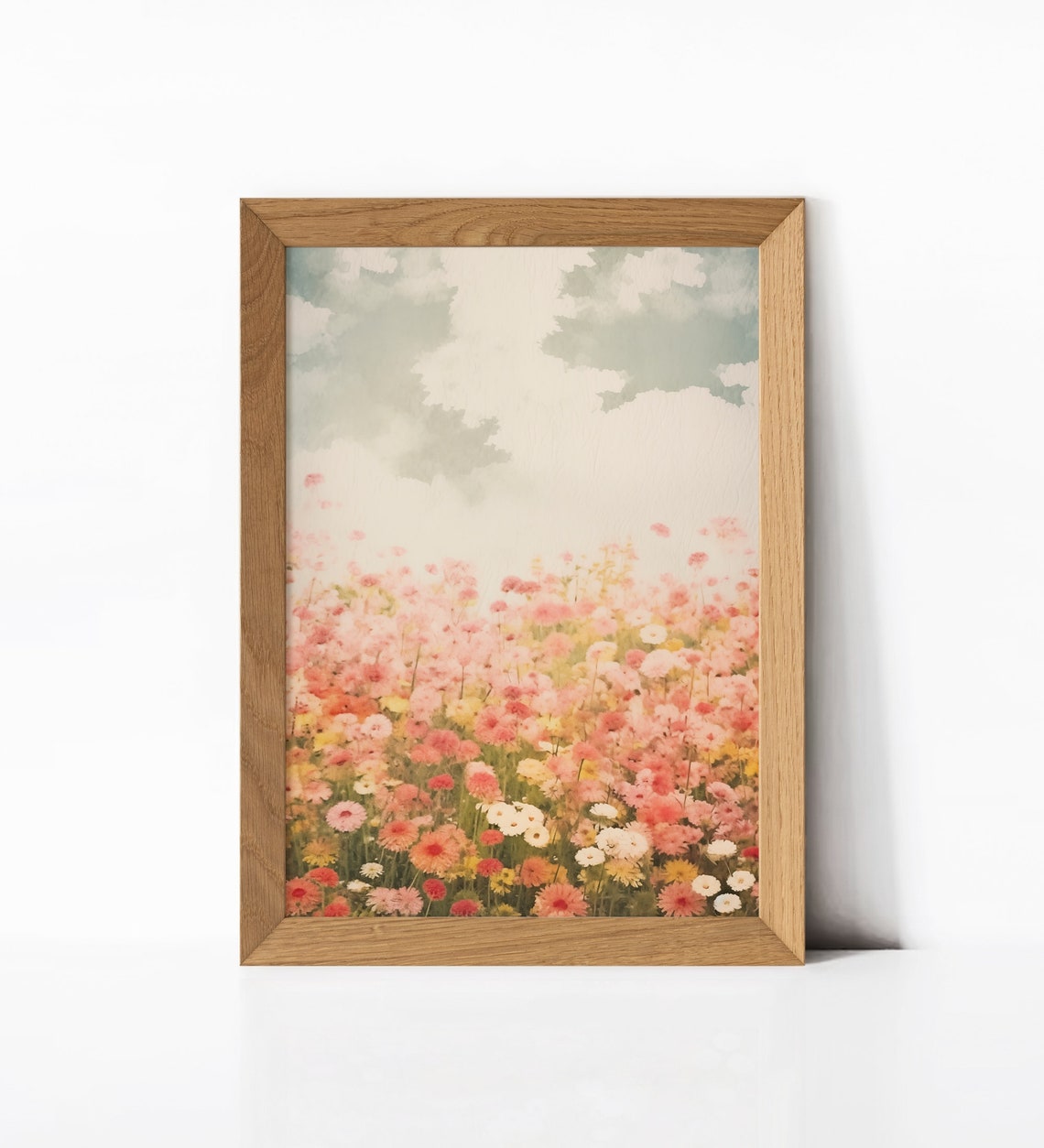 Soft Watercolor Wildflower Field Pink Blooms Cloudy Sky Poster - Image 2