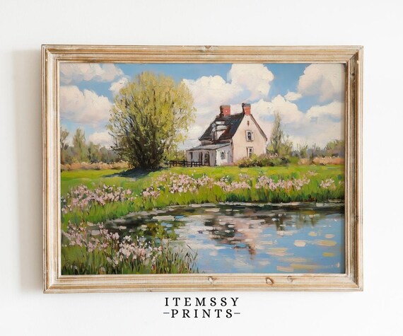 Country Cottage Pond Painting Pink Wildflower Landscape Art Poster