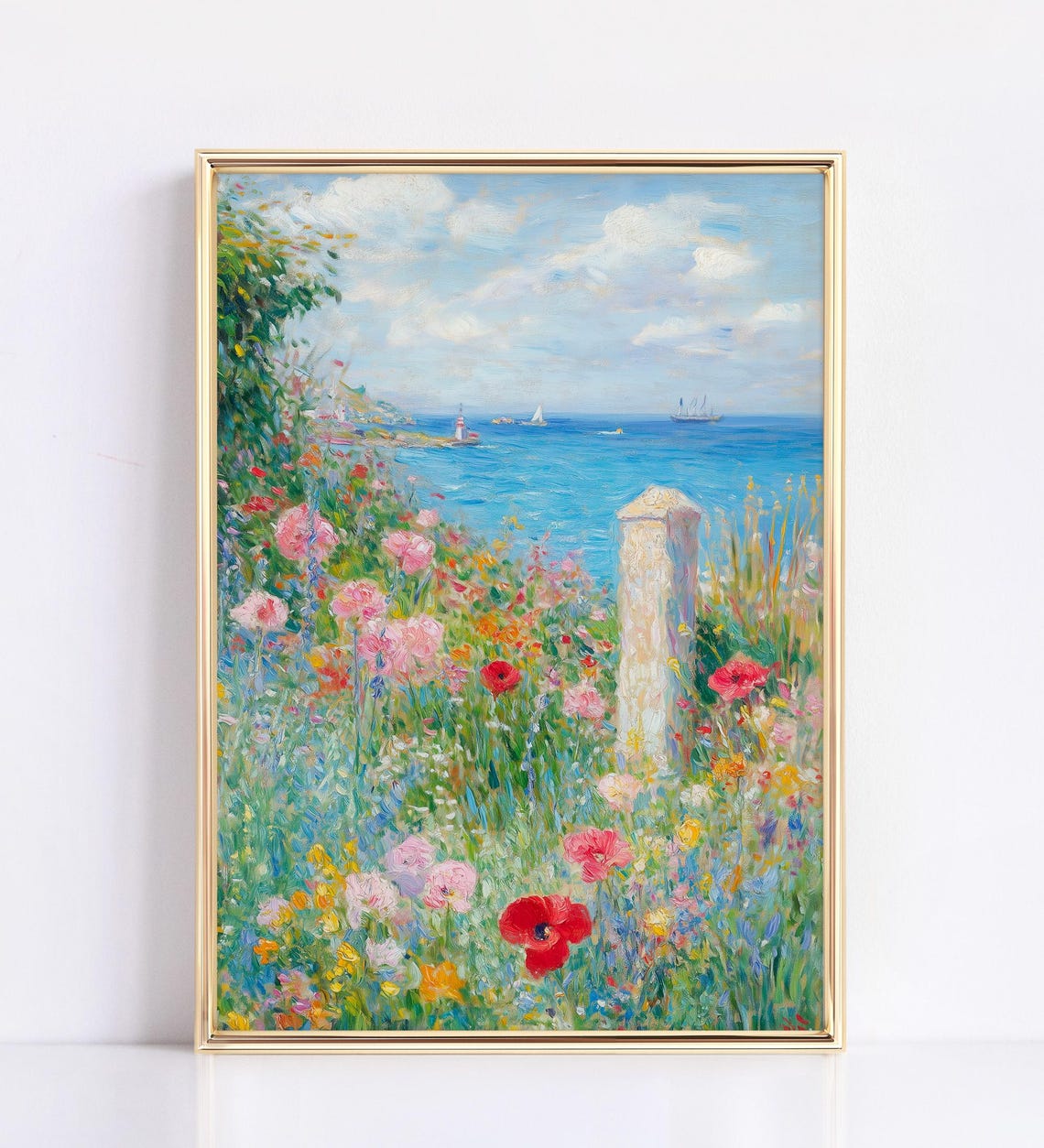 Coastal Wildflower Meadow with Sailboats Impressionist Wall Art - Image 3