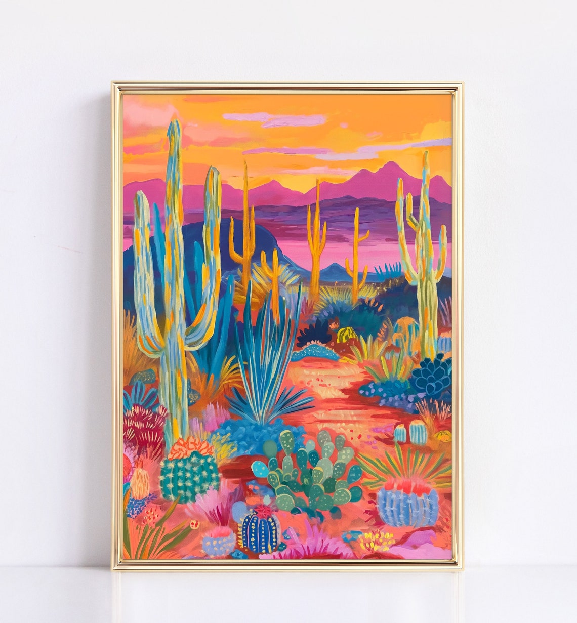 Vibrant Arizona Desert Sunset Saguaro Cactus Colorful Scenery Poster