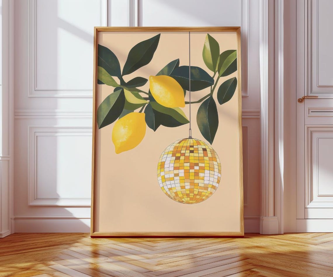 Lemons and Gold Disco Ball Groovy Citrus Kitchen Bar Cart Poster - Image 2