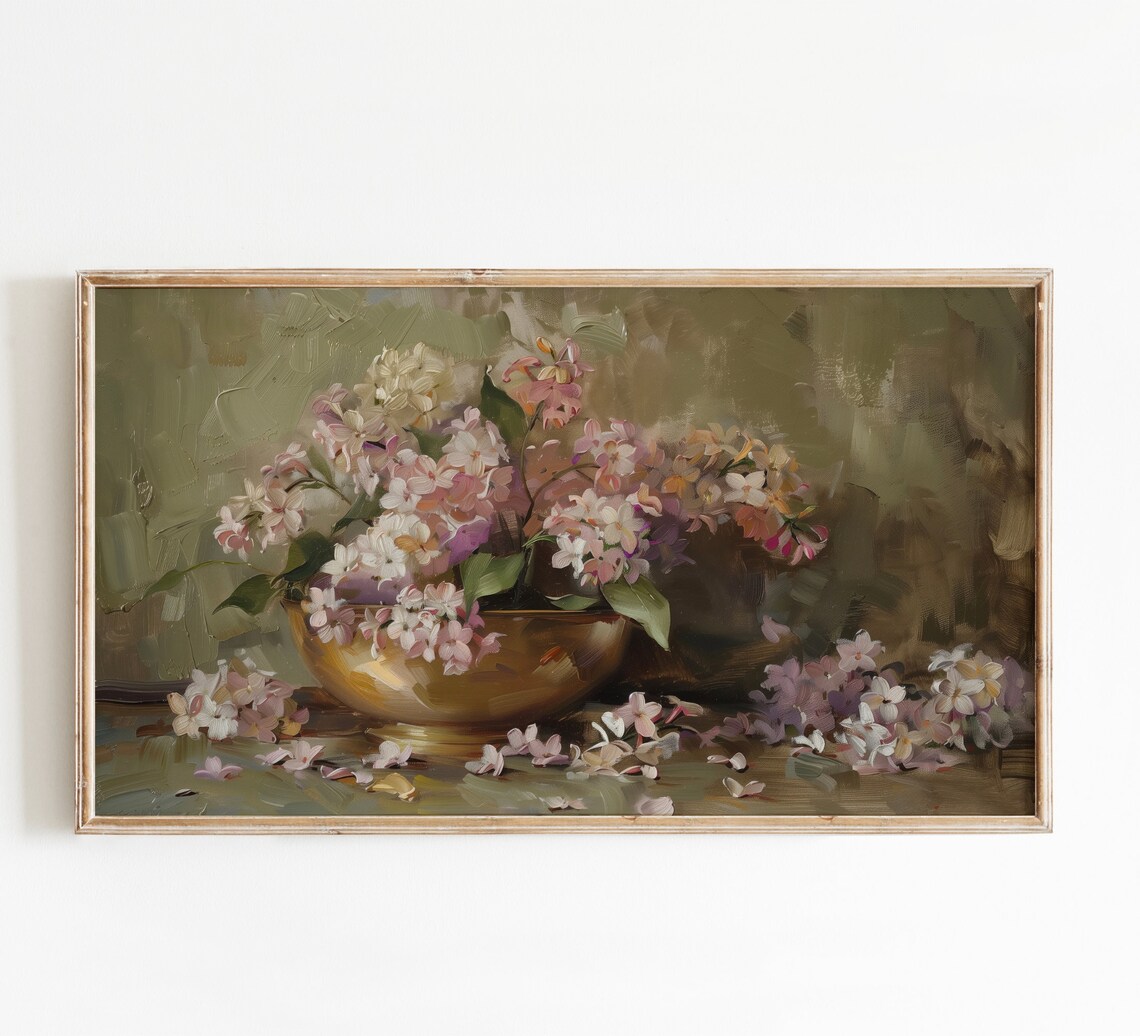 Lilac Blossoms In Brass Bowl Sage Green Vintage Floral Art Poster