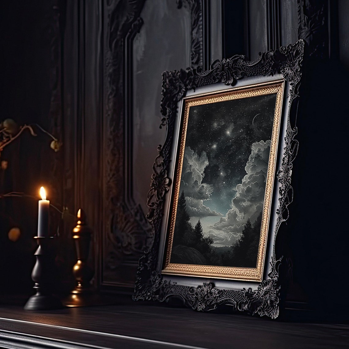 Monochrome Starry Night Crescent Moon Over Dark Forest Art Poster - Image 2